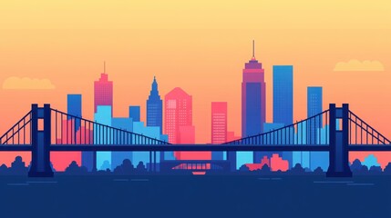Vibrant skyline at sunset showcasing modern buildings and a bridge, perfect for urban lifestyle themes and cityscapes.