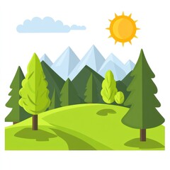 Sunny Day Mountain Landscape With Green Trees And Hill