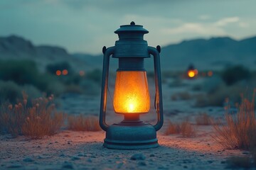 Luminous Lantern Illuminates Desert Landscape at Dusk