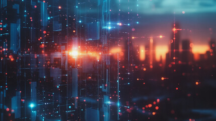 Obraz premium smart, digital, city, connection, network, innovation, Smart digital Innovation city with connection network reciprocity over the cityscape. of future smart wireless digital city and social media netw