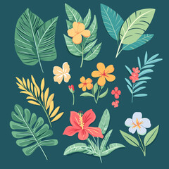 Fototapeta premium Set of Tropical Leaves and Exotic Flowers in Vibrant Colors