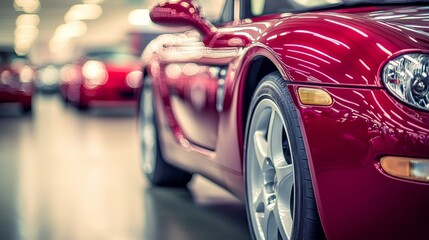 Naklejka premium Sleek Red Sports Car Detail, Blurred Dealership Showroom Background, Luxury and Automotive Industry