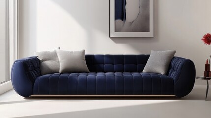 Luxurious navy blue tufted sofa with plush cushions set in a bright minimalist living room with a framed artwork on the wall  The modern contemporary design exudes sophistication and comfort