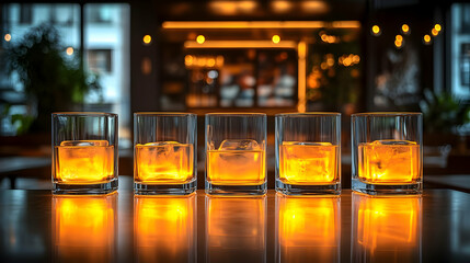 Five glasses of amber whiskey on the rocks, illuminated by warm light at a bar