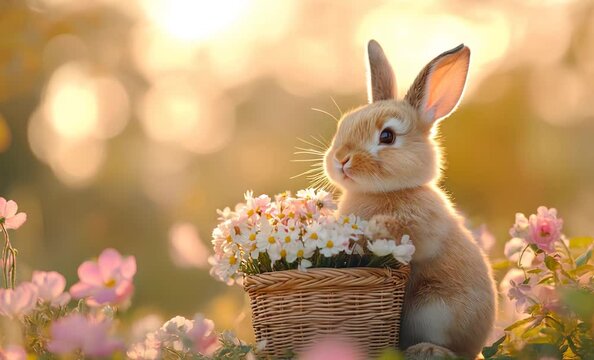 Adorable easter bunny sitting in a wicker basket filled with colorful spring flowers and decorated eggs, enjoying the sunny meadow