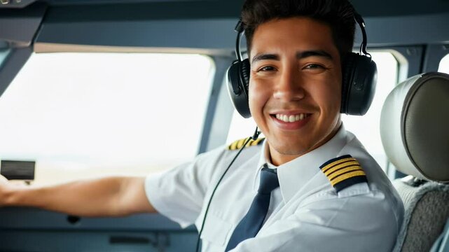 Portrait of a smiling airline pilot wearing headphones and driving an airplane in the cockpit