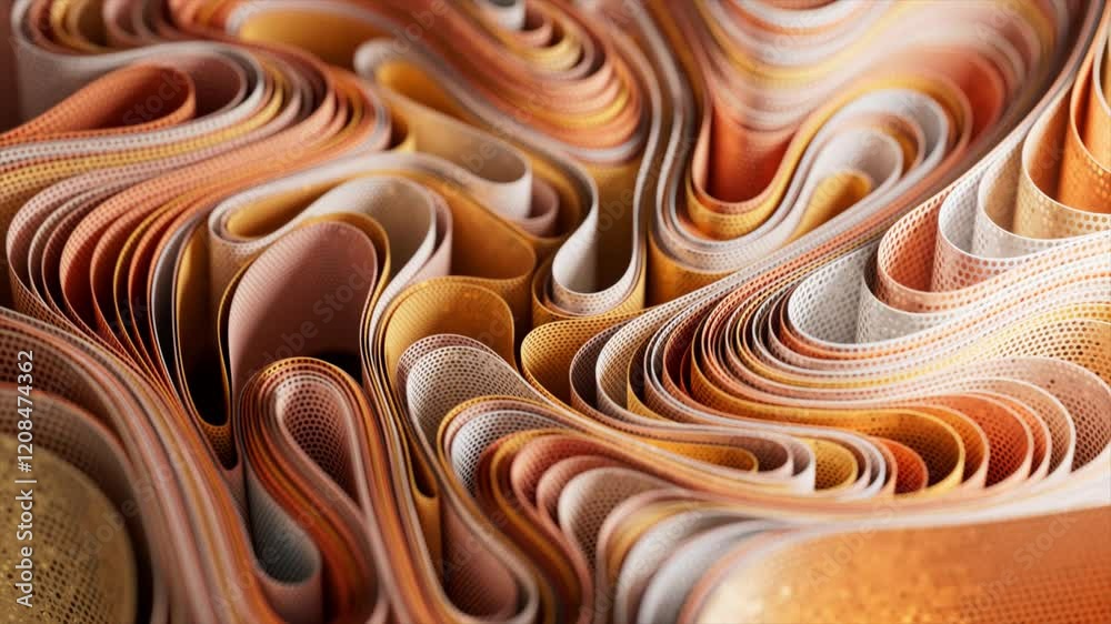 Poster golden, silver, and bronze metallic ribbons create a mesmerizing abstract pattern, their curves and 