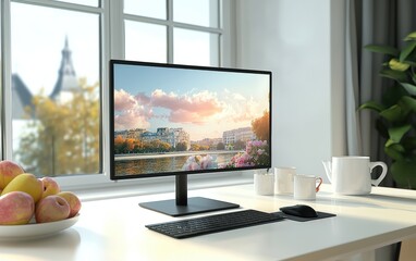 Fototapeta premium Professional home office setup with a widescreen monitor mockup on a white desk, large window in the background, bright daylight