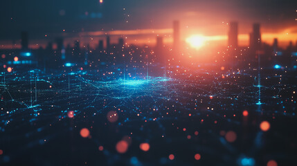 Fototapeta premium Smart digital Innovation city with connection network reciprocity over the cityscape. of future smart wireless digital city and social media networking systems that connects people with in city