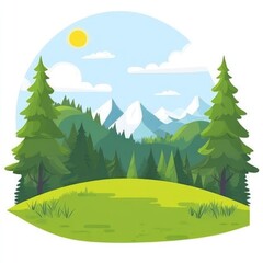 Fototapeta premium Serene Mountain Landscape With Green Trees And Meadow
