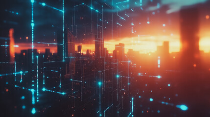 Obraz premium Smart digital Innovation city with connection network reciprocity over the cityscape. of future smart wireless digital city and social media networking systems that connects people with in city