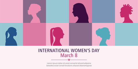 Banner for International Women's Day. Silhouettes of women of different nationalities standing side by side.Vector illustration.