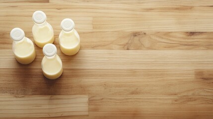 Four milk bottles on wood, overhead shot, copy space, healthy drink
