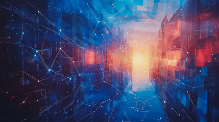 Smart digital Innovation city with connection network reciprocity over the cityscape. of future smart wireless digital city and social media networking systems that connects people with in city