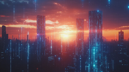 Fototapeta premium Smart digital Innovation city with connection network reciprocity over the cityscape. of future smart wireless digital city and social media networking systems that connects people with in city