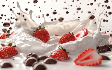 A creamy white wave of milk with flying strawberry slices and droplets of chocolate syrup, splashing on a clean white surface