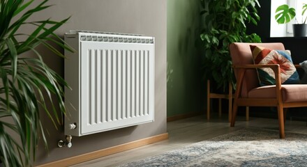 Modern radiator in a cozy living room with plants and comfortable seating