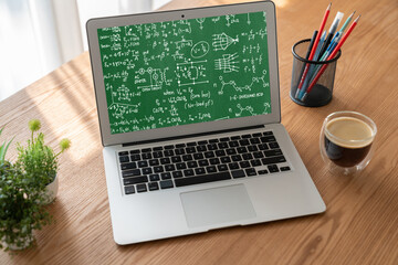 Mathematic equations and modish formula on computer screen showing concept of science and education