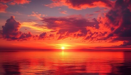 Fototapeta premium A red sunset over the ocean with beautiful clouds. The sky is painted in vibrant red, creating an enchanting and romantic atmosphere.
