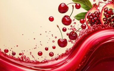 A bold red wave of mixed fruit juice with flying cranberries, cherries, and pomegranate seeds, set on a soft beige backdrop
