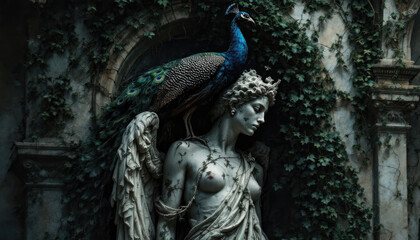 Obraz premium A statue of a woman with a wild peacock bird perched on her back. Peacocks, baby peacock wallpaper