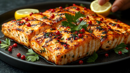 Close-up of Grilled Salmon Fillets with Lemon and Herbs on a Dark Plate