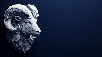 White ram sculpture on a dark blue background