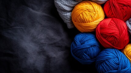Colorful Yarn Balls on Dark Background: A Cozy Craft Scene