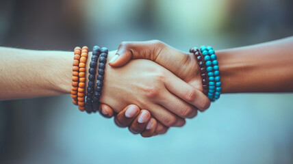 Diverse handshake with colorful bracelets