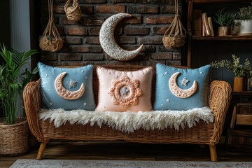 Wicker Sofa Decorated With Moon And Star Pillows