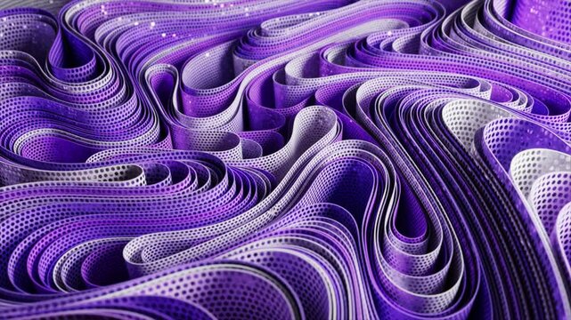 Smooth purple stripes waving and undulating with perforated pattern, generating mesmerizing digital animation loop creating dynamic visual flow