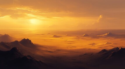 Naklejka premium Golden Sunrise over a Vast Mountainous Desert Landscape with Hazy Atmosphere