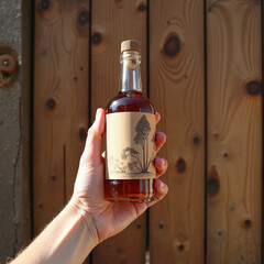 Hand holding glass bottle with nature illustration, natural beverage