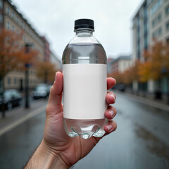 Hand holding water bottle on rainy street, hydration focus