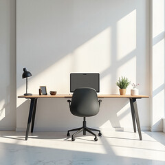 Minimalist workspace with black chair and computer, productivity focus