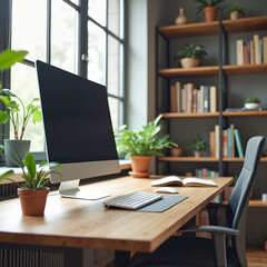 Modern workspace with computer and plants, creative productivity