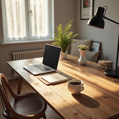 Cozy workspace with laptop and coffee, home productivity