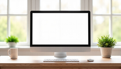 Modern workspace with blank computer screen and plants, productivity concept