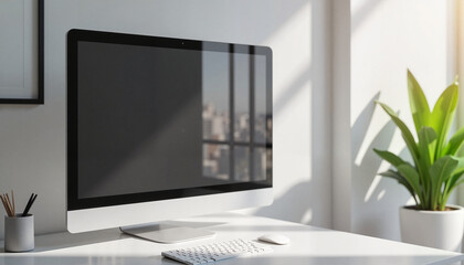 Obraz premium Modern desktop setup with computer and plant, productive workspace