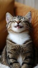 A cheerful and sweet cat chuckling set against a solid background.