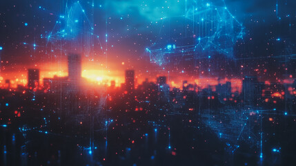 Smart digital Innovation city with connection network reciprocity over the cityscape. of future smart wireless digital city and social media networking systems that connects people with in city