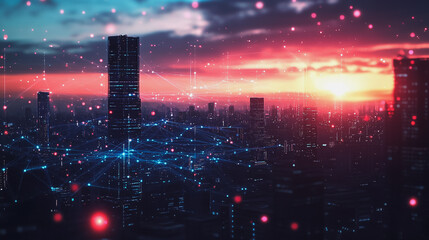 Fototapeta premium Smart digital Innovation city with connection network reciprocity over the cityscape. of future smart wireless digital city and social media networking systems that connects people with in city