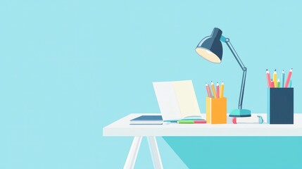 Obraz premium Student's Desk, Workspace, Laptop, Study, Learning, Background, Minimalist, Education, Illustration, Online