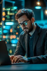 An engineer working on circuit board design using a laptop in a modern office, focusing on innovation for artificial intelligence projects.