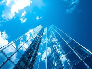 Low angle view of a modern glass skyscraper reflecting blue sky and clouds under bright sunlight