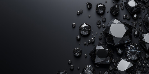 Black background with black diamonds on the edges, top view, flat lay. Black diamond stones on a dark gray stone surface. Design for a jewelry advertising banner template. Flat lay of gems with copy s