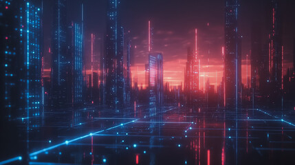 Smart digital Innovation city with connection network reciprocity over the cityscape. of future smart wireless digital city and social media networking systems that connects people with in city