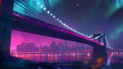 Brooklyn bridge illuminated by neon lights under starry sky and northern lights, urban nature fusion. Aurora Bridge. Illustration