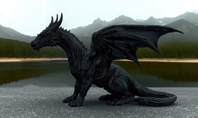 Fototapeta premium Black dragon statue on a lakeside