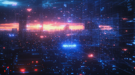 Obraz premium Smart digital Innovation city with connection network reciprocity over the cityscape. of future smart wireless digital city and social media networking systems that connects people with in city